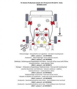 TA Technix PU-Buchsen Kit 28-teilig / Vorderachse +Hinterachse / passend für VW Golf III / Golf III+IV Cabriolet / Vento