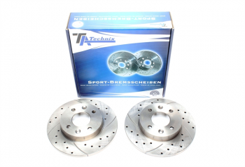 TA Technix sport brake disc set front axle suitable for Dacia Logan / Sandero I / Sandero II / Renault Clio I / Clio II / Logan / Megane I / Rapid / Thalia I / Twingo I / Super 5 / R9 / R11 / R19 Phase I+ II / R19 Kasten / R21
