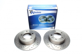 TA Technix sport brake disc set rear axle suitable for Nissan Interstar bus/box/flatbed / Opel Movano Combi / Movano box / Movano flatbed / Movano tipper / Reanult Master II bus / Master II box / Master II flatbed