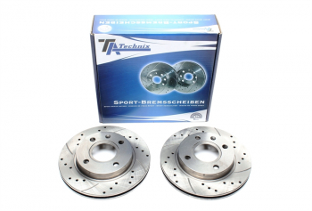 TA Technix sport brake disc set front axle fits Ford Escort V-VII / Escort V-VII estate / Escort V-VII convertible / Escort Classic / Escort Express / Fiesta III+IV / Fiesta box / Courier / Ka / Orion III / Puma / Mazda 121