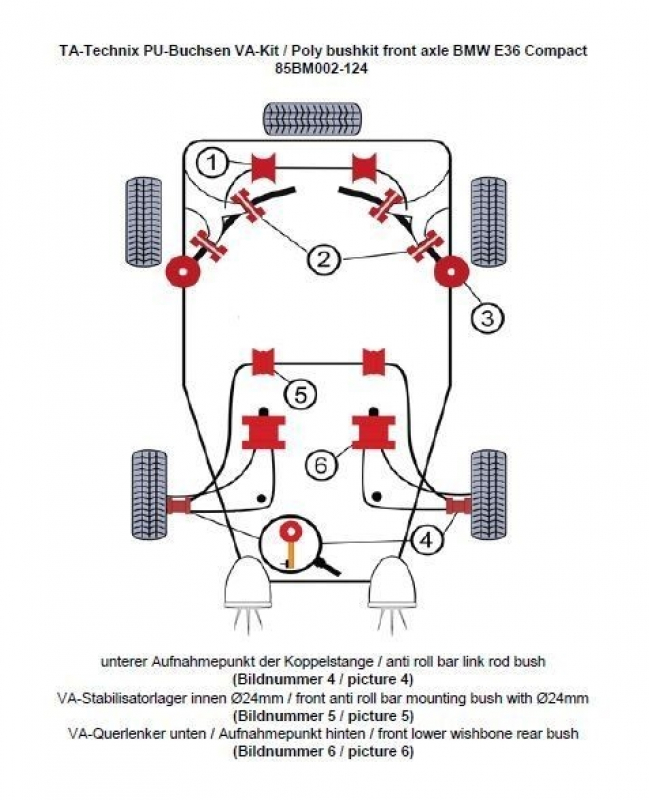 TA Technix PU-bushings kit 12 pieces / front axle with Ø 24mm rod / fits BMW 3 series E36 Compact / 3 series E36 / Z3 Roadster/Coupe