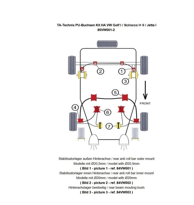 TA Technix PU-Buchsen Kit 14-teilig, Hinterachse passend für VW Golf I / Scirocco I+ II / Jetta I