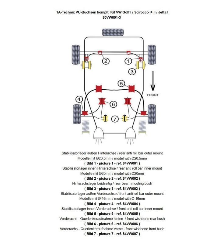 TA Technix PU-bushings kit 26-pieces, VA+ rear axle suitable for VW Golf I / Scirocco I+ II / Jetta I