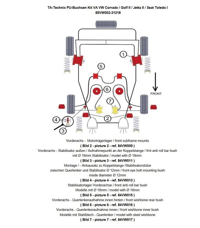 TA Technix PU-Buchsen Kit 24-teilig, VA+ Hinterachse passend für VW Corrado / Golf II / Jetta II / Seat Toledo I