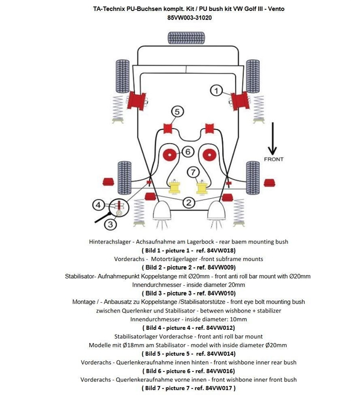 TA Technix PU-bushings kit 28-pieces / VA+ rear axle suitable for VW Golf III / Golf III+IV Cabriolet / Vento