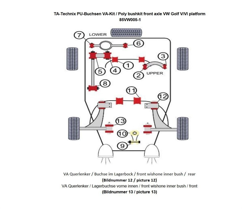 TA Technix PU-Buchsen Kit 8-teilig / Vorderachse / passend für Audi A3 / Q3 / TT / Seat Leon / Altea / Toledo / Alhambra / Skoda Octavia / Superb / Yeti / VW Scirocco / Eos / Jetta / Golf / Touran / Caddy / Tiguan / Passat / Sharan