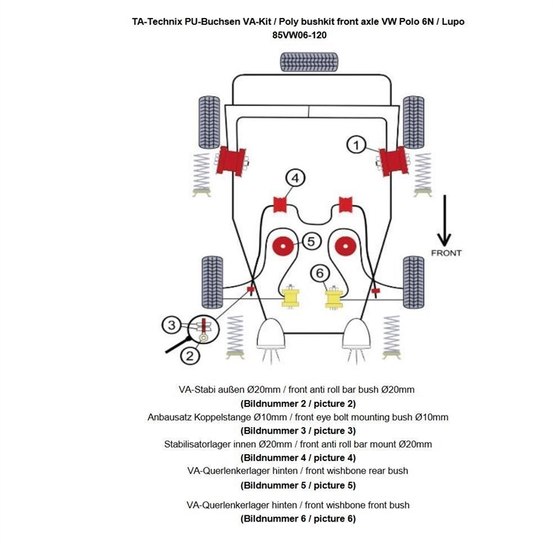 TA Technix PU-bushings kit 26-pieces / front axle with 20mm rod / suitable for Seat Arosa (6H)/ VW Lupo (6X/6E)/ Polo (6N+6N2)