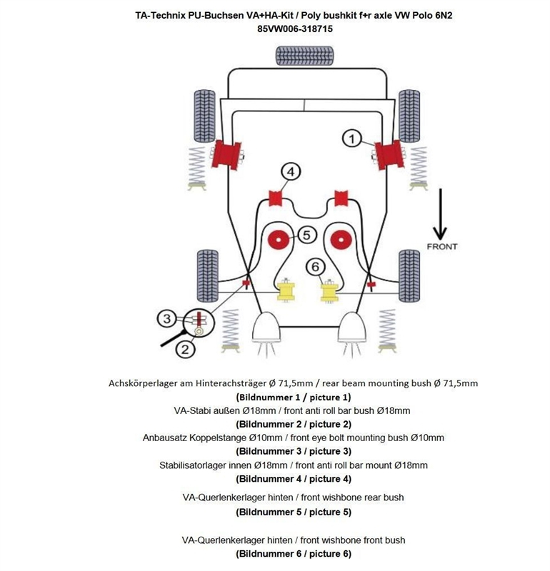 TA Technix PU-Buchsen Kit 30-teilig / Vorderachse mit 18mm Stabi +Hinterachse Ø 71,5mm / passend für VW Polo 6N2