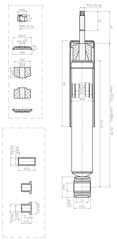TA Technix universeller Luftfahrwerkdämpfer mit Stift/Auge Befestigung